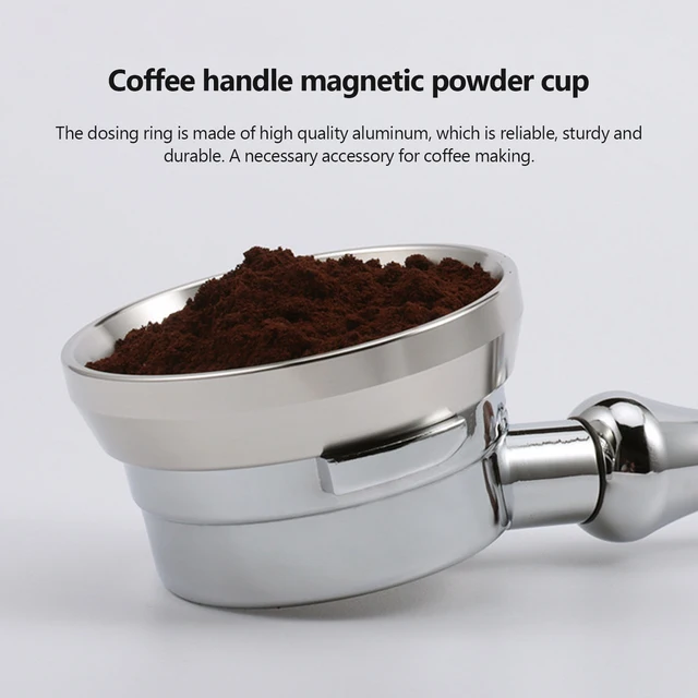 Easy-to-use magnetic aluminum dosing ring cup funnel for espresso machines.