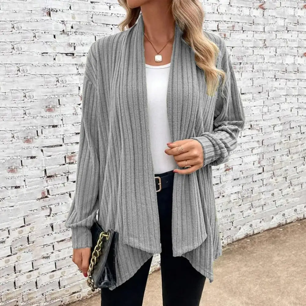 Ribbed Fabric Jacket Stylish Women's Fall Spring Cardigan Irregular Solid Color Loose Open Stitch Long Sleeve Shawl Casual