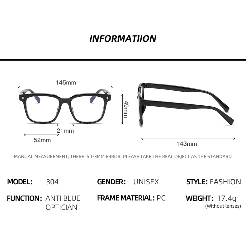 Schwarze quadratische Computerbrille, PC-Gestell, Damen und Herren, Anti-Blaulicht-Rechteckbrille, optische Brille, Blaulichtfilterbrille – Detail 8