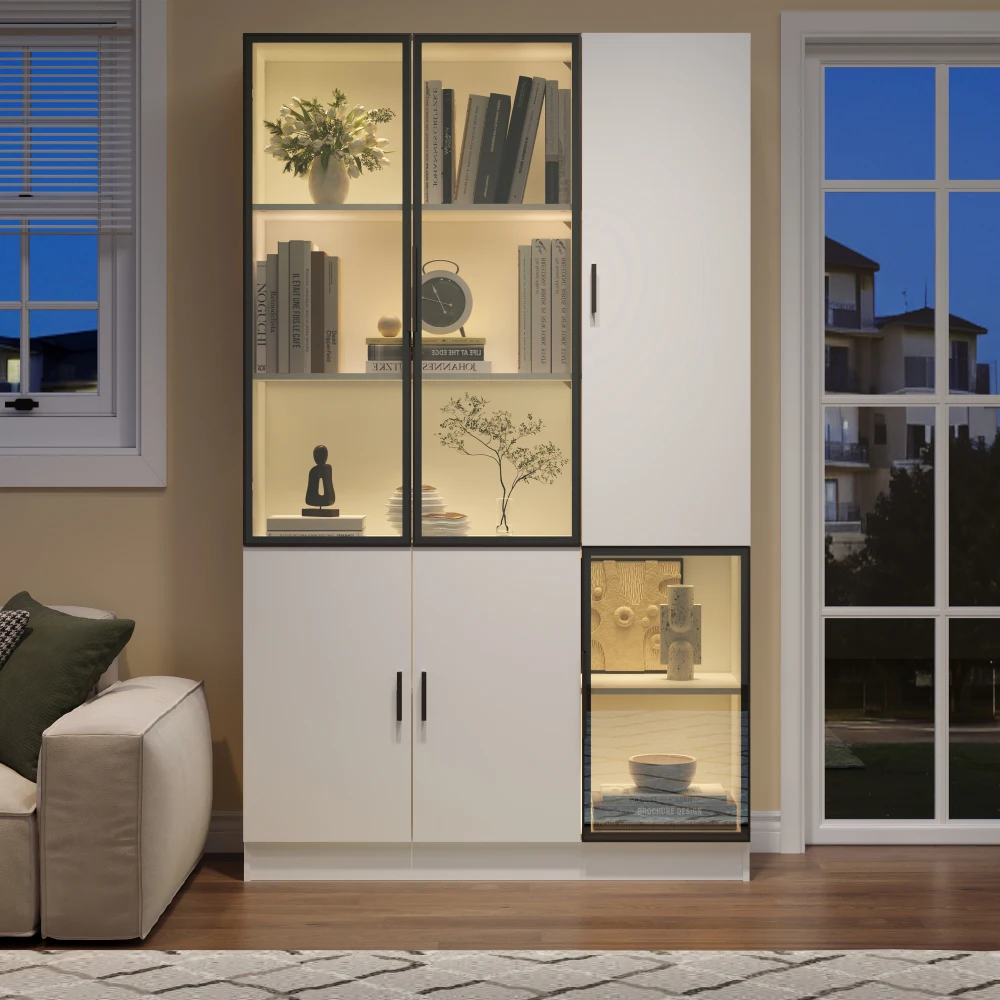 200 cm hoher Vitrinenschrank, mit LED-Beleuchtung, Multi-Storage-Bücherregal, Wohnzimmerschrank mit Glastür und Aluminiumrahmen – Detail 6