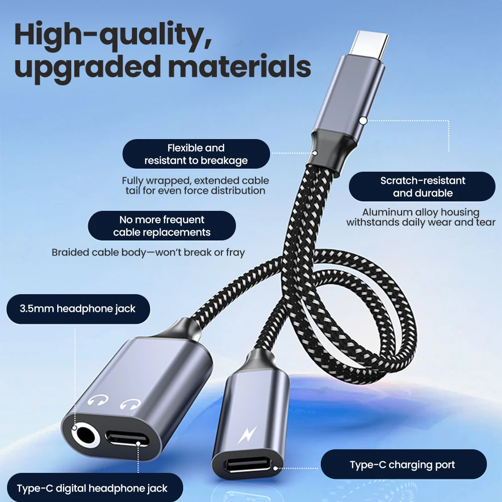 3 in 1 고속 충전 어댑터 케이블 C타입 to 듀얼 C타입/3.5mm 잭 오디오 어댑터 케이블 헤드폰 어댑터 (아이폰16, 15, 삼성용)