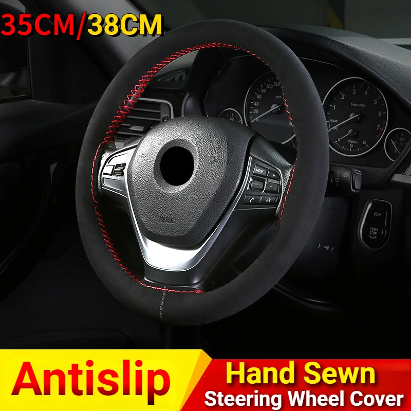 

35cm/38CM Premium Fur Steering Wheel Cover Braiding Car Steering Wheel Case Non-slip Suede Matte Leather Braiding