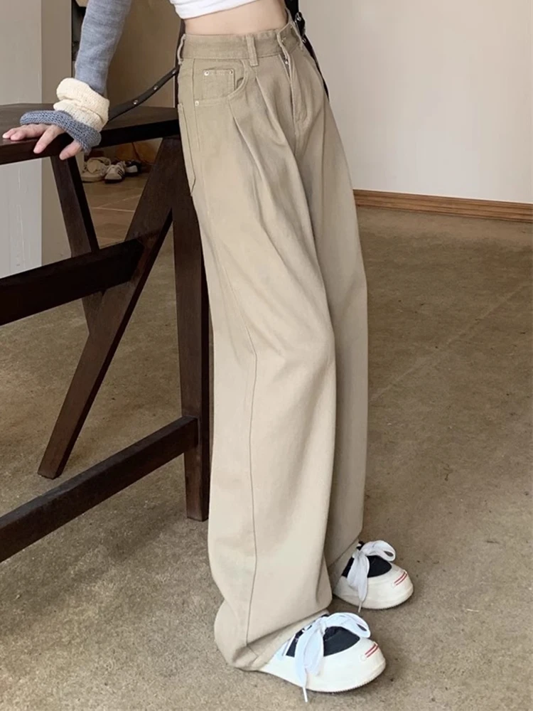 여자 하이 웨스트 스트레이트 레그 청바지 레이디 루즈 데님 와이드 레그 팬츠 여자 한국 카키 레트로 블루 라이트 블루 그레이 화이트 바지