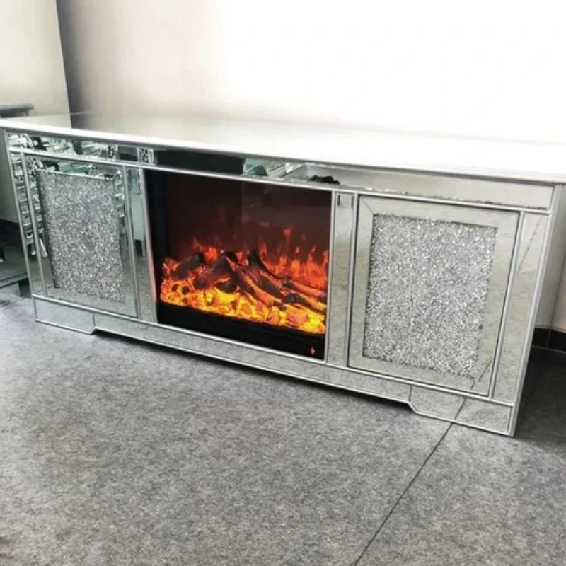 Factory direct modern mirror wall stove glass fireplace cabinet broken diamond finish North American living room heating