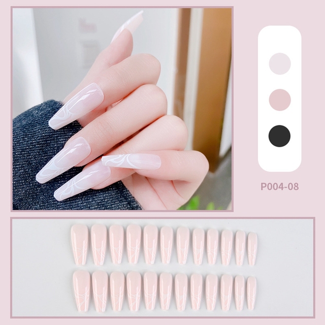 Detachable Long Coffin False Nails with Heart Clouds Designs Wearable Ballerina Fake Nail Full Nail Tips Press On Nails