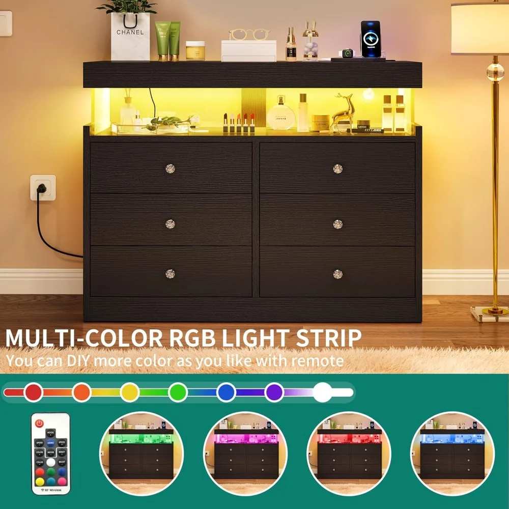 6 Drawer Dressers with LED Lights & Charging Station, Modern Chest of Drawers, Double Storage Dresser for Living Room