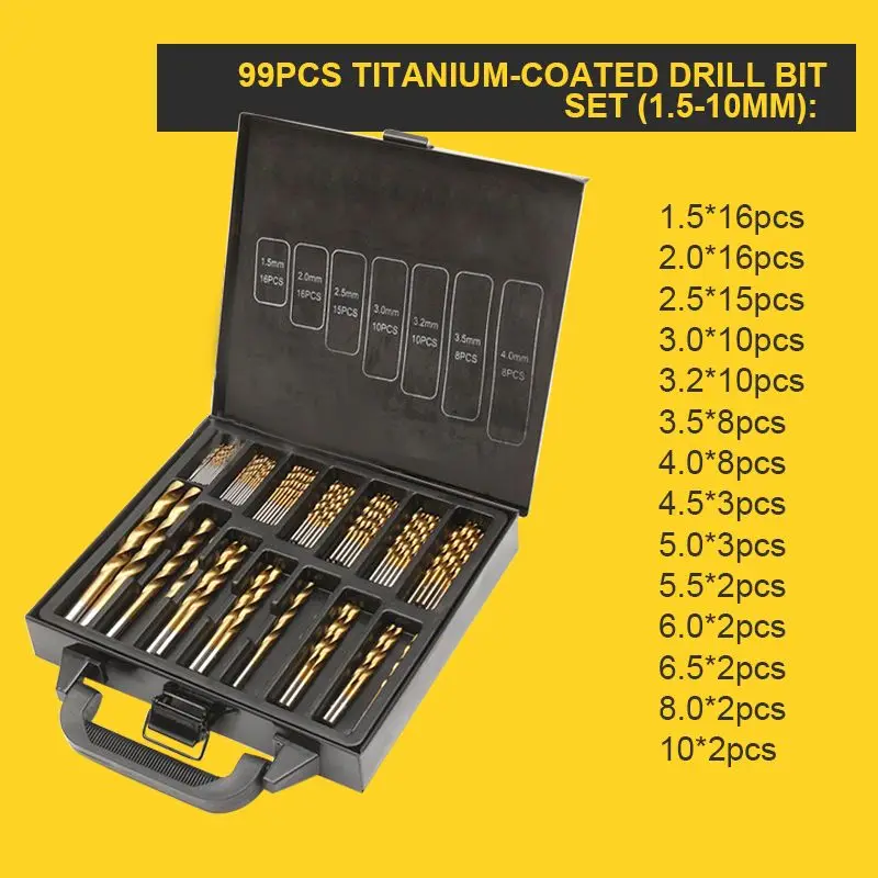 

99Pcs Titanium Coated HSS High Speed Steel Drill Bit Set Metal Hole Grooving Drill Saw Carpenter Woodworking Tools Dropshipping