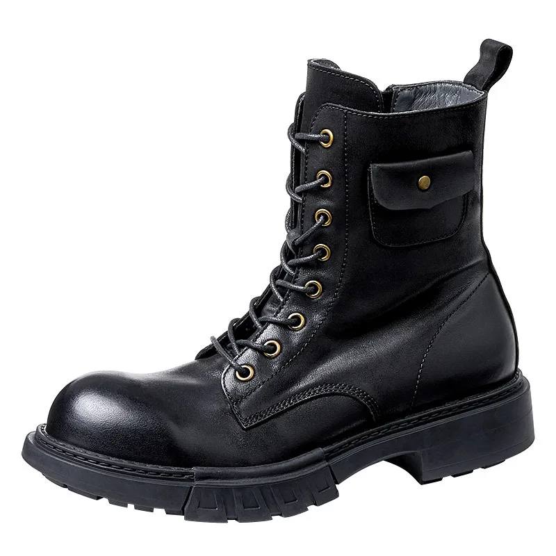 

Ботинки мужские на толстой подошве, Натуральная Воловья кожа, высокие, без застежки, Короткие мотоциклетные ботинки, боевые сапоги