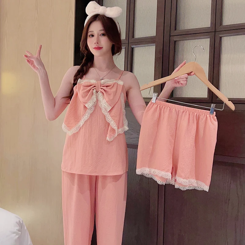 Summer padded suspenders, shorts, pants, three piece pajamas, women's printed foam cotton lace, sexy and sweet new home clothing