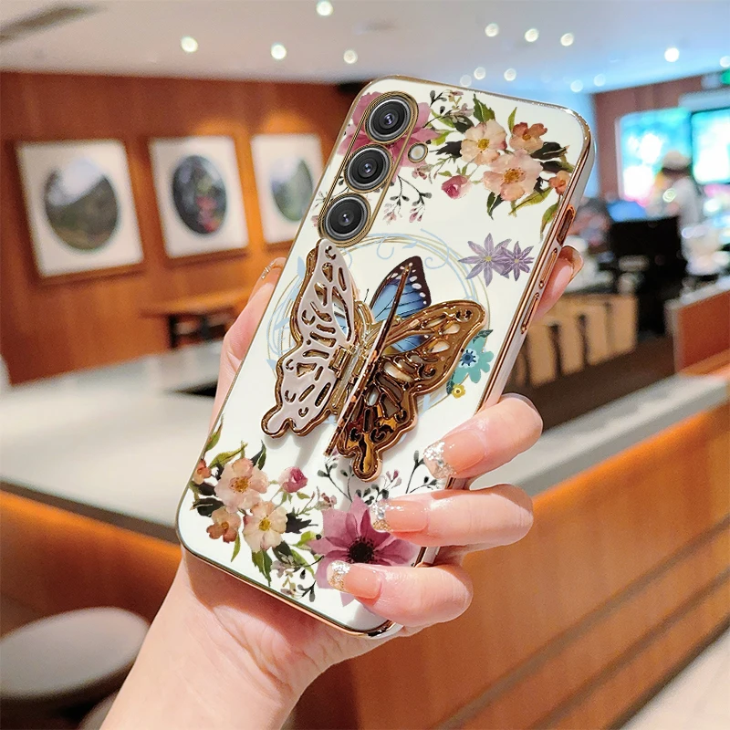 Elegant Flower Butterfly Plating Phone Case with Holder