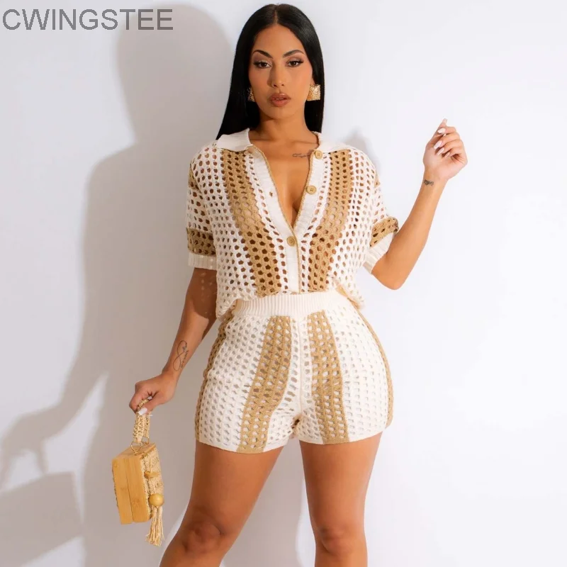 

Dashiki African Knit Ribbed Crochet Women's Set Short Sleeve Shirt Sweater And Shorts Suit 2023 Two 2 Piece Set Outfit Tracksuit