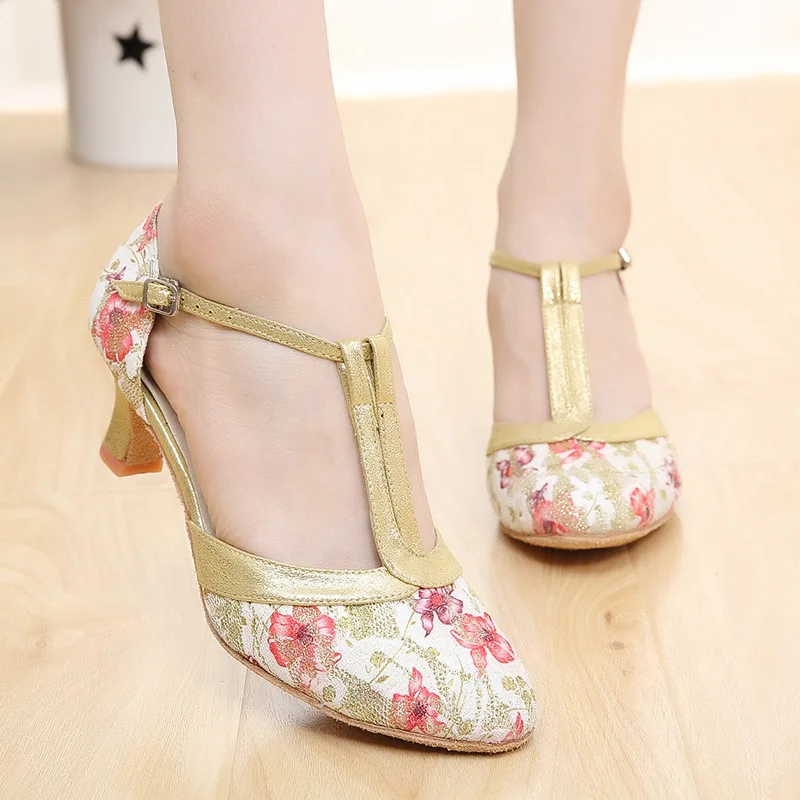 

1pair/lot woman print ballroom dancing floral shoes lady fashion latin cha cha tango dancing print shoes