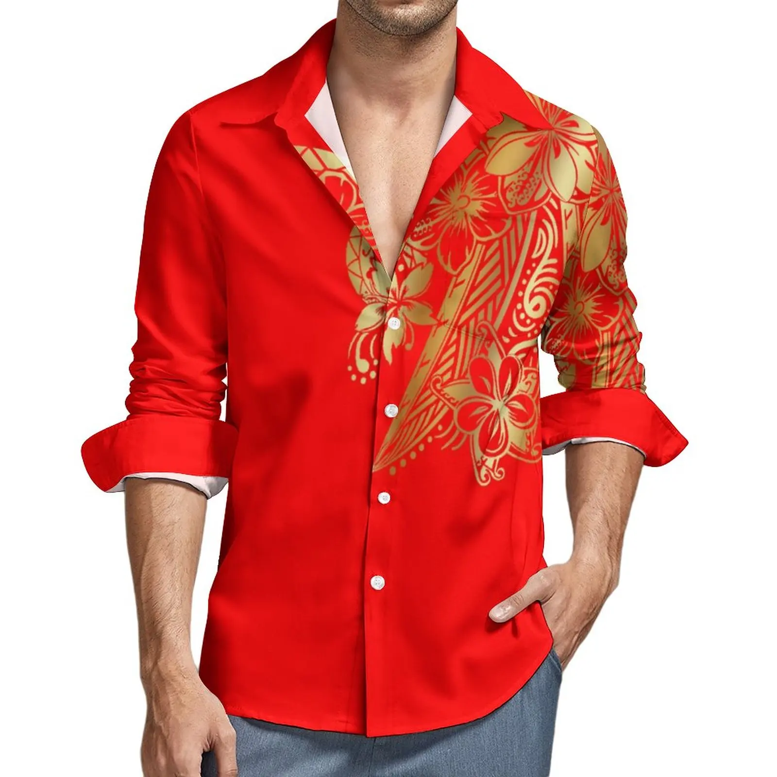 Trendy High-end Polynesian Tradition Tribal Design Mens Large Size Long Sleeve Shirt Custom Logo Mens Long Sleeve Shirt