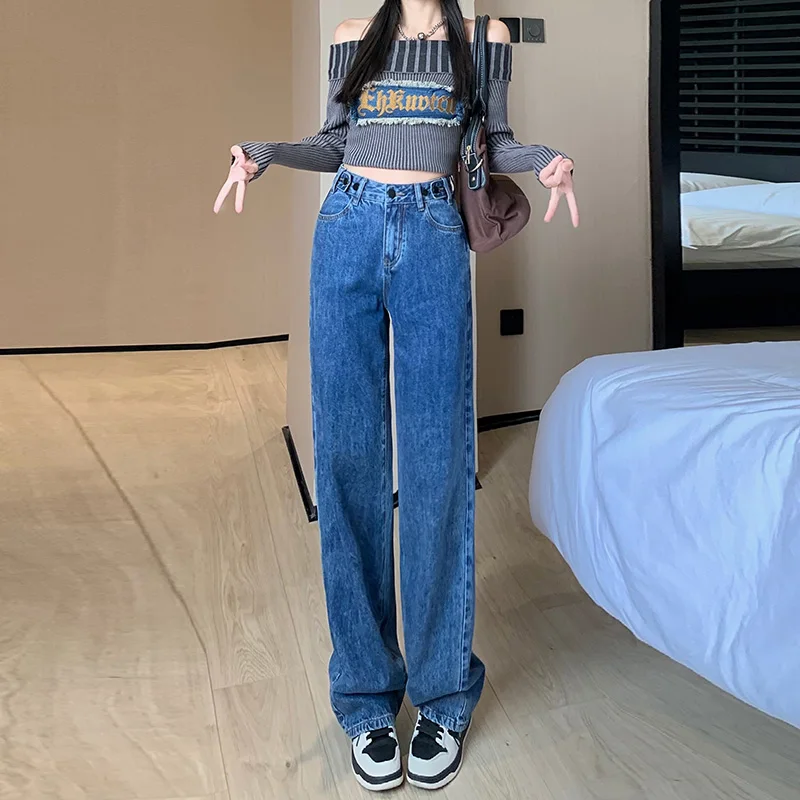 Baggy Jeans Comfort Cotton Vintage Blue Casual Loose Retro High Waist Pants Street Style Wide Leg Straight Trousers Streetwear