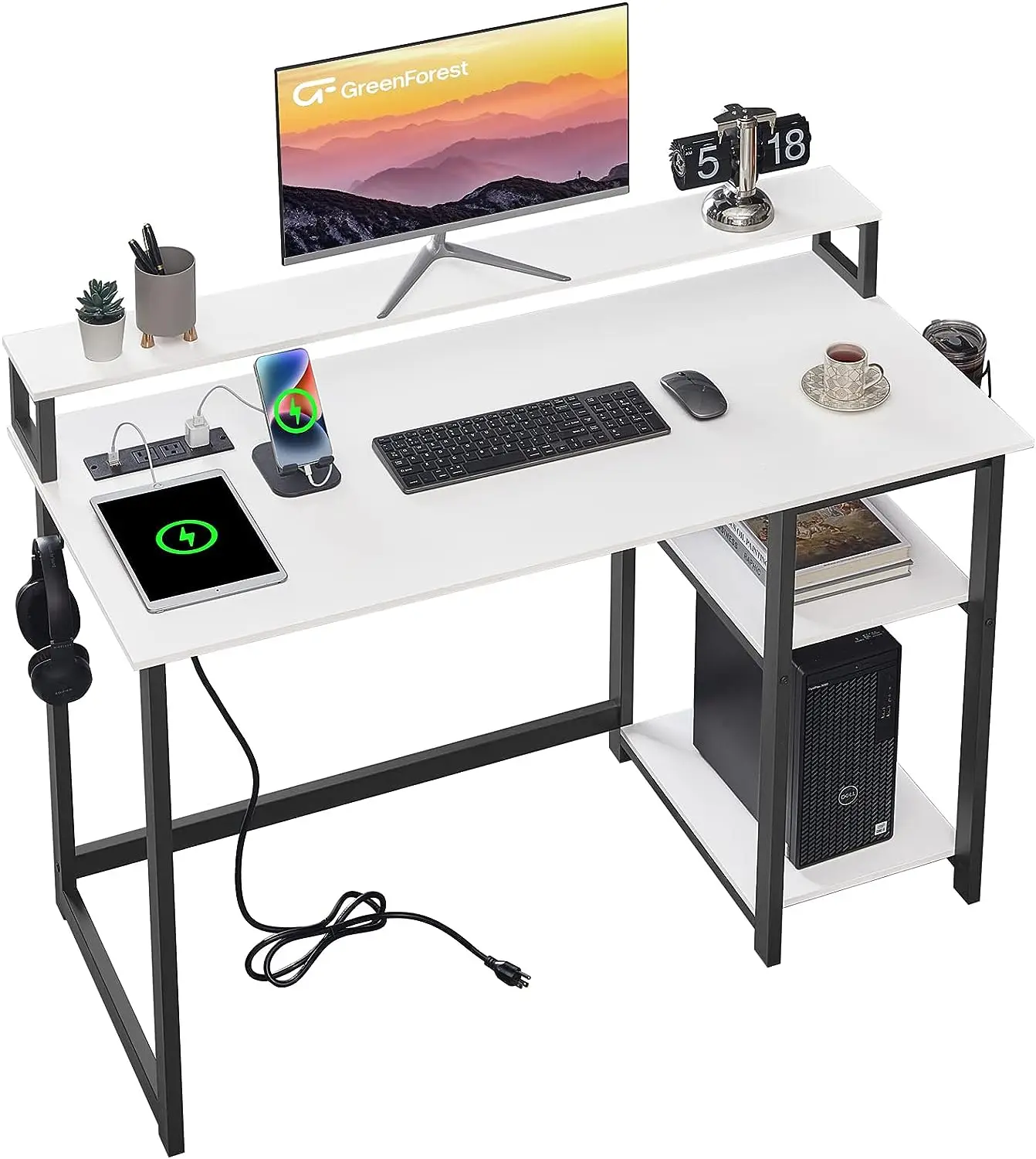 Computer Desk with USB Charging Port and Power Outlet, Reversible Small Desk with Monitor Stand and Storage Shelves charging port dock connector flex cable for xiaomi redmi note 4x note 4 snapdragon