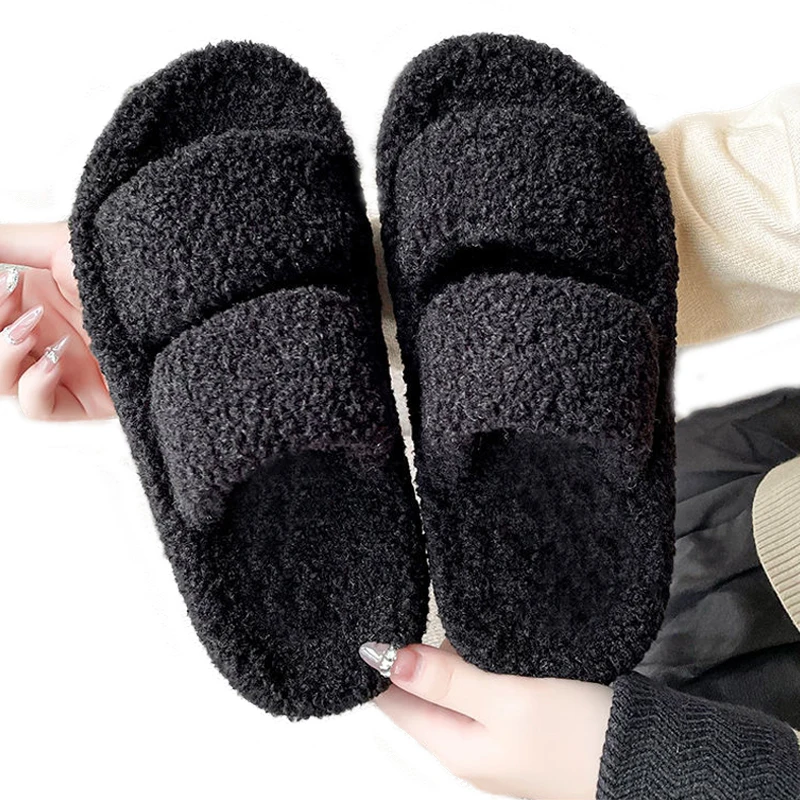 

New Fur Slippers Fluffy Winter Plush Ladies Flip Flops Luxury Charming Home Outdoor Non-Slip Wear-Resistant Flat Sandals