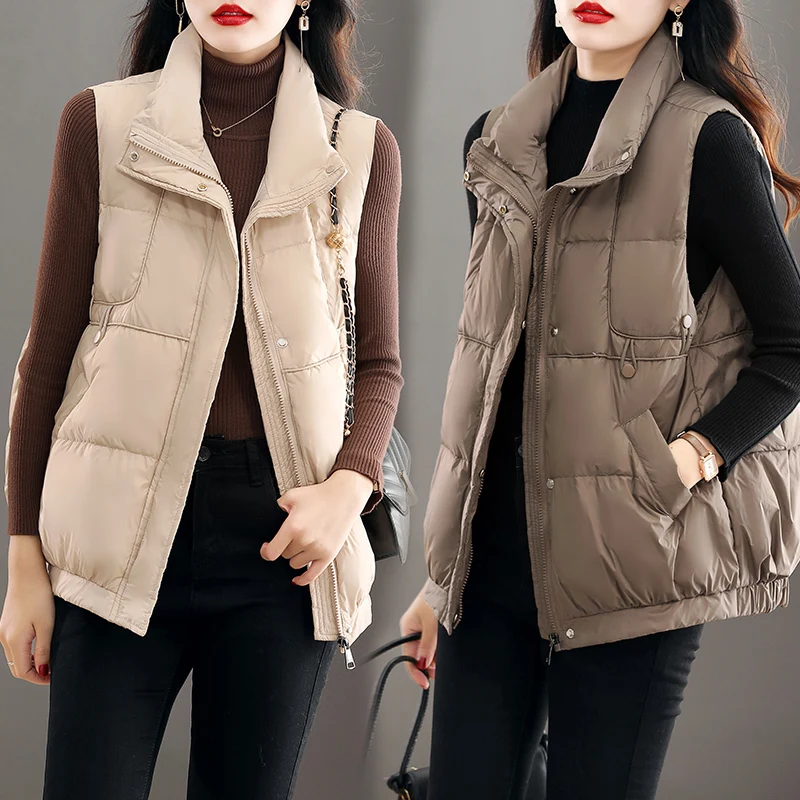 Plain color fabric clothing 2023 autumn and winter new version trendy plus size 90 white goose short style down vest simple_voghion.com