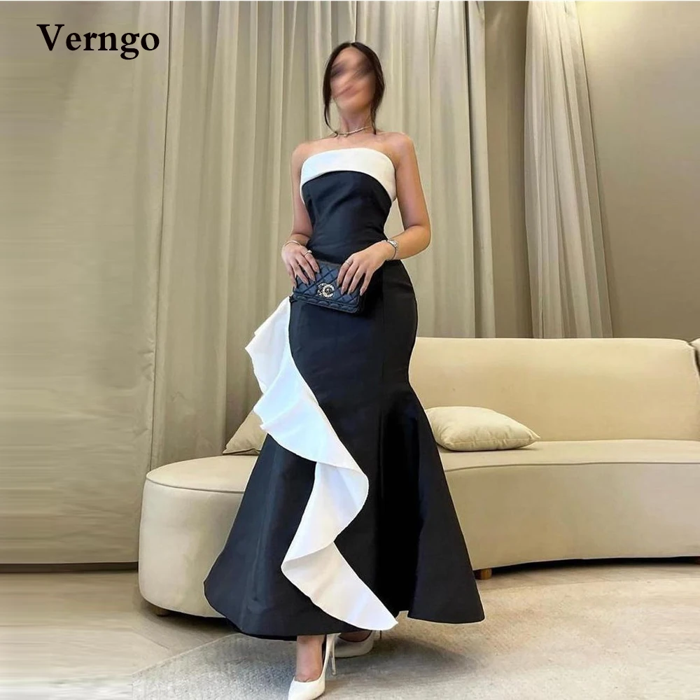 

Verngo Modern White And Black Taffeta Evening Dreses Mermaid Strapless Trumpet Saudi Arabic Women Formal Party Dress Prom Gown