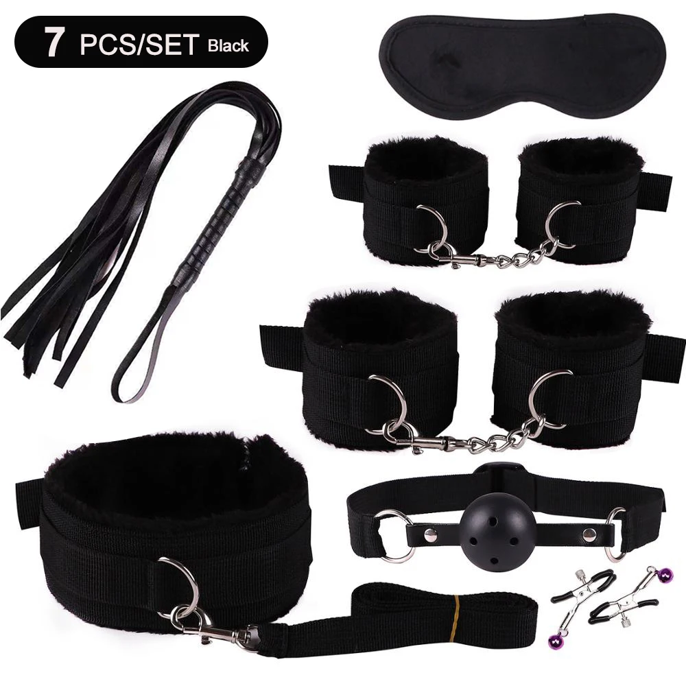 BDSM Adult Sexy Toys For Women Handcuffs Whip Anal Nipple Clamp Blindfold Strap On Vibrator Sex Bondage Set Sexual Couples Kit18