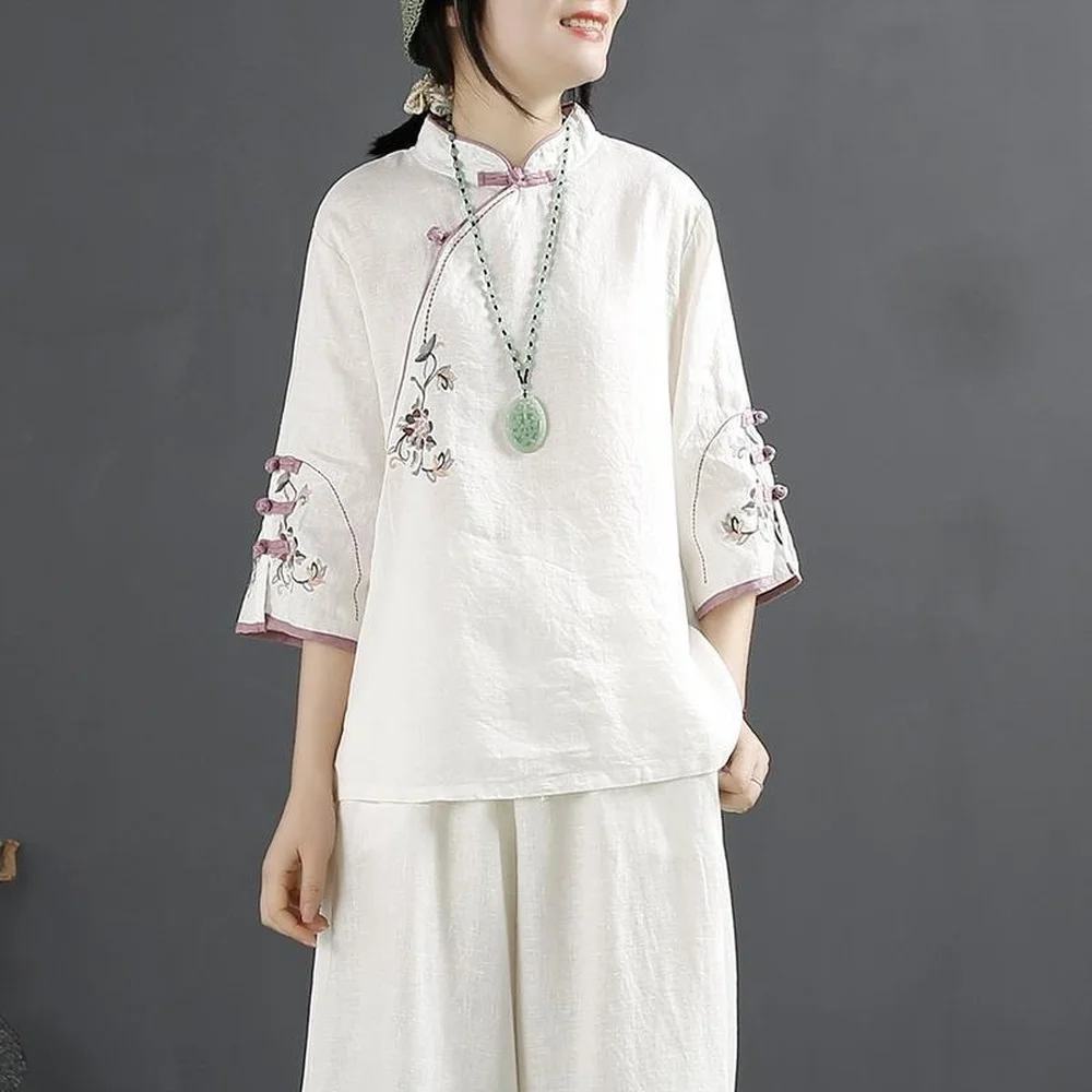 Spring Traditional Chinese Style Oriental Shirt Clothing for Female Women Half Sleeve Hanfu Loose Casual Blouse Large Size Tops