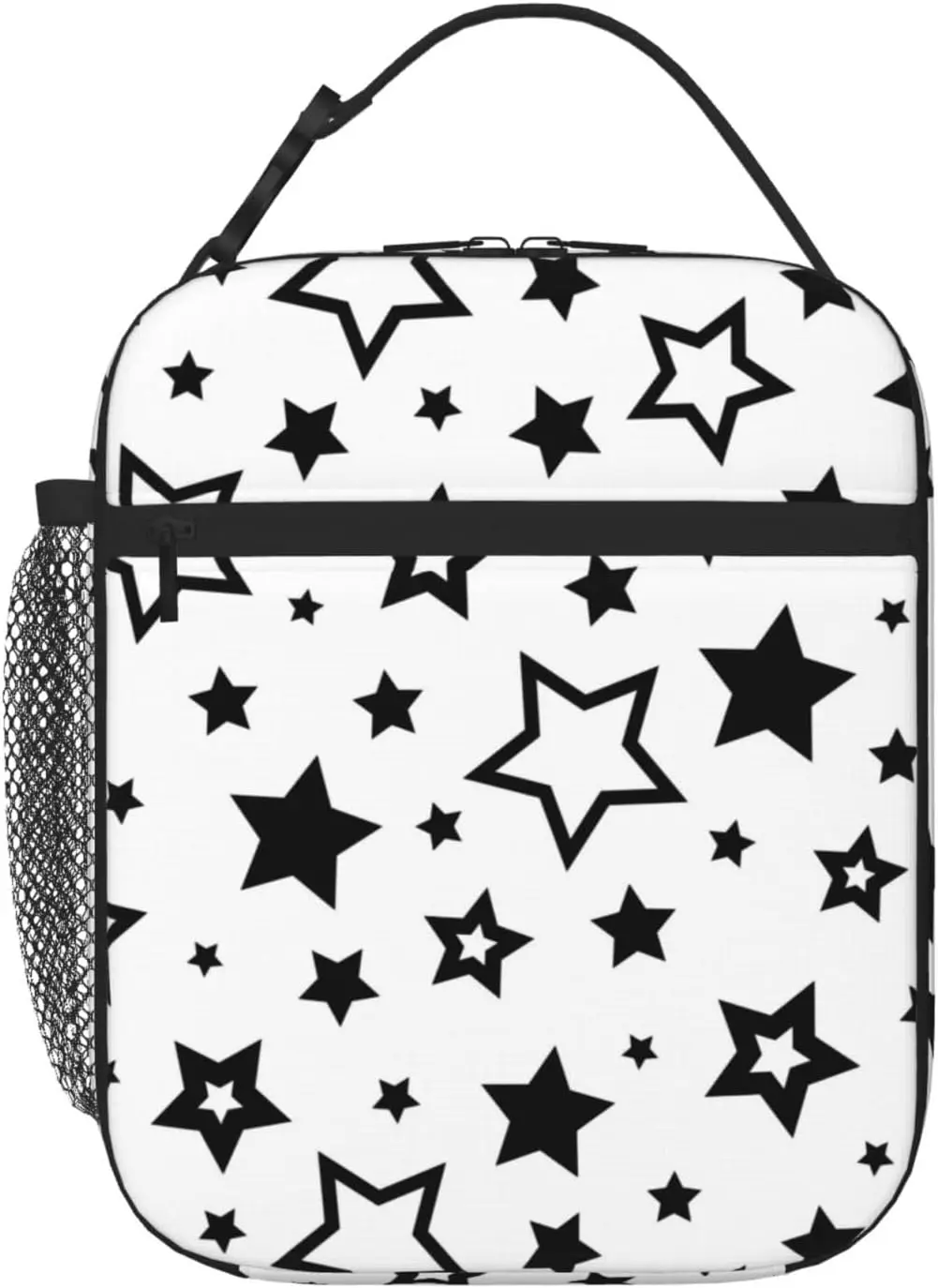 Black Stars In White Portable Lunch Bag Insulated Lunch Box Reusable Totes for Women Men Work Picnic Camping One Size