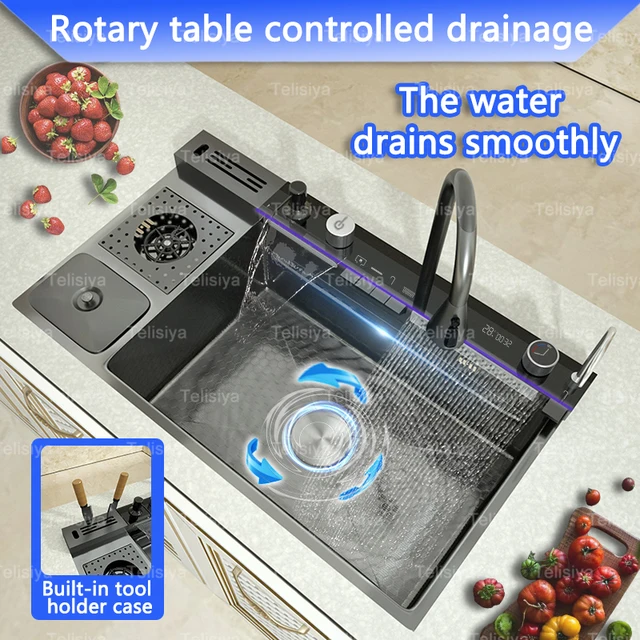 อ่างล้างจานสแตนเลสพร้อมถังขยะอ่างล้างหน้านูนพร้อมก๊อกน้ําน้ําตกจอแสดงผลดิจิตอลขนาดใหญ่ Solt เดี่ยว 2 อ่างล้างจานสแตนเลสพร้อมถังขยะอ่างล้างหน้านูนพร้อมก๊อกน้ําน้ําตกจอแสดงผลดิจิตอลขนาดใหญ่ Solt เดี่ยว 2