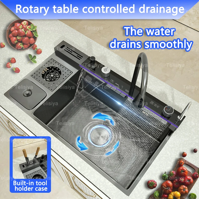 Stainless Steel Kitchen Sink with Trash Can Embossed Wash Basin with Waterfall Faucet Digital Display Large Single Solt 2
