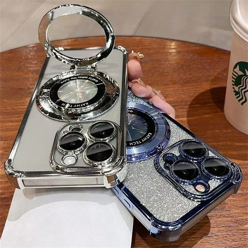 Glitter Magnetic Bracket Phone Case with Magsafe Holder and Bumper