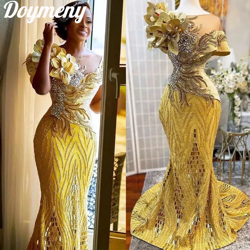 

Doymeny Women’s Luxury Prom Dresses Flower Beaded Appliques O-neck Mermaid Cocktail Evening Party Gowns vestido de galaفساتين ال