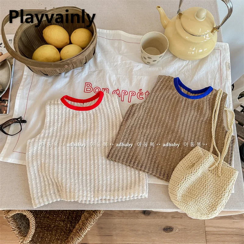 New Korean Style Summer Girl Fashion Vest Beige Coffee Round Neck Sleeveless Blouse Child Clothes for 1-7 Years Old A23226 kids shirts