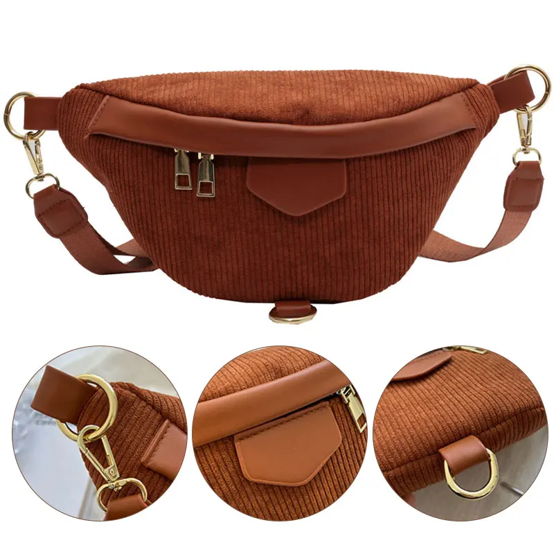 Women Unisex Corduroy Chest Waist Bag Zip Sling Travel Sport Coins Phone Bags Casual Breathable Sports Crossbody Bag
