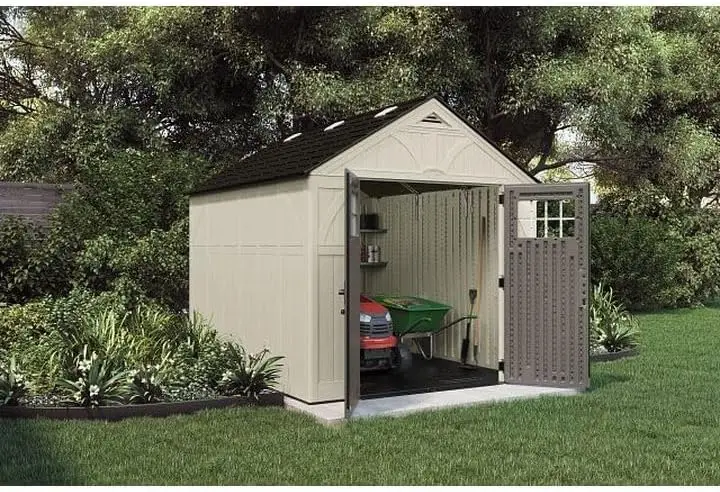 Heavy-Duty Resin Storage Shed Sand 103"D X 100.5"W X 122.25"H Multi-walled Polypropylene Resin Panels with Lockable Doors 2