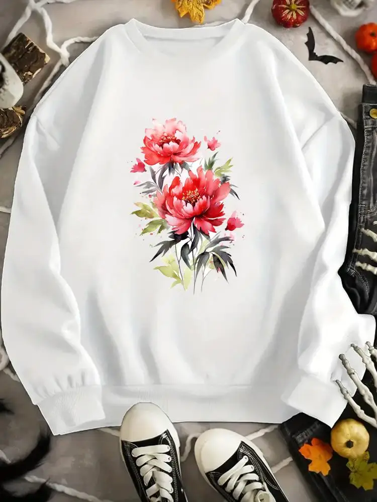 

Lady Casual Print Fashion Women Cartoon Clothing Pullovers Sweet Lovely Flower Trend 90s O-neck Graphic Sweatshirts