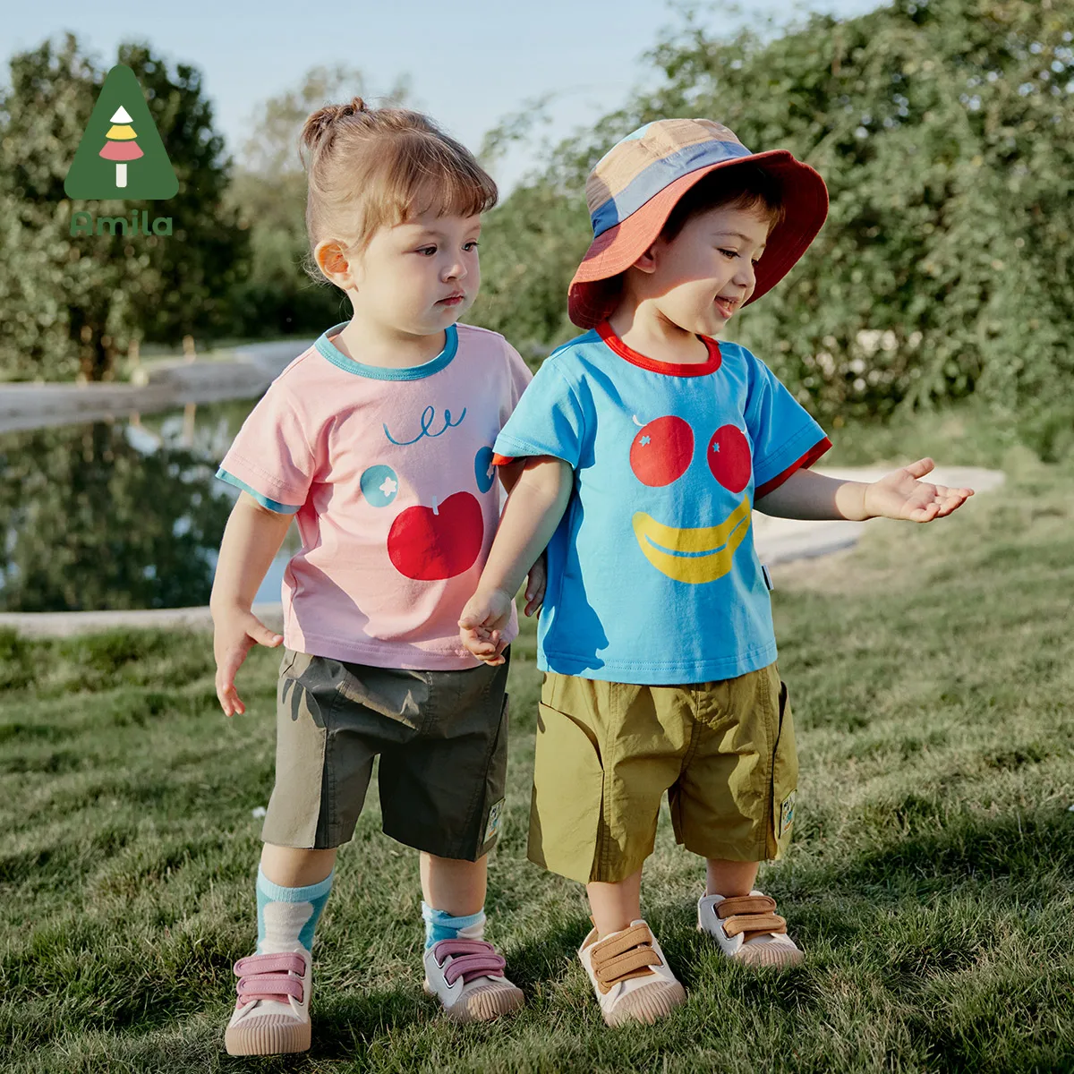 Amila Baby T-shirt Summer New Fun Fruit Emoticon Print Soft Wicks Sweat Short Sleeve Boys and Girls Clothing