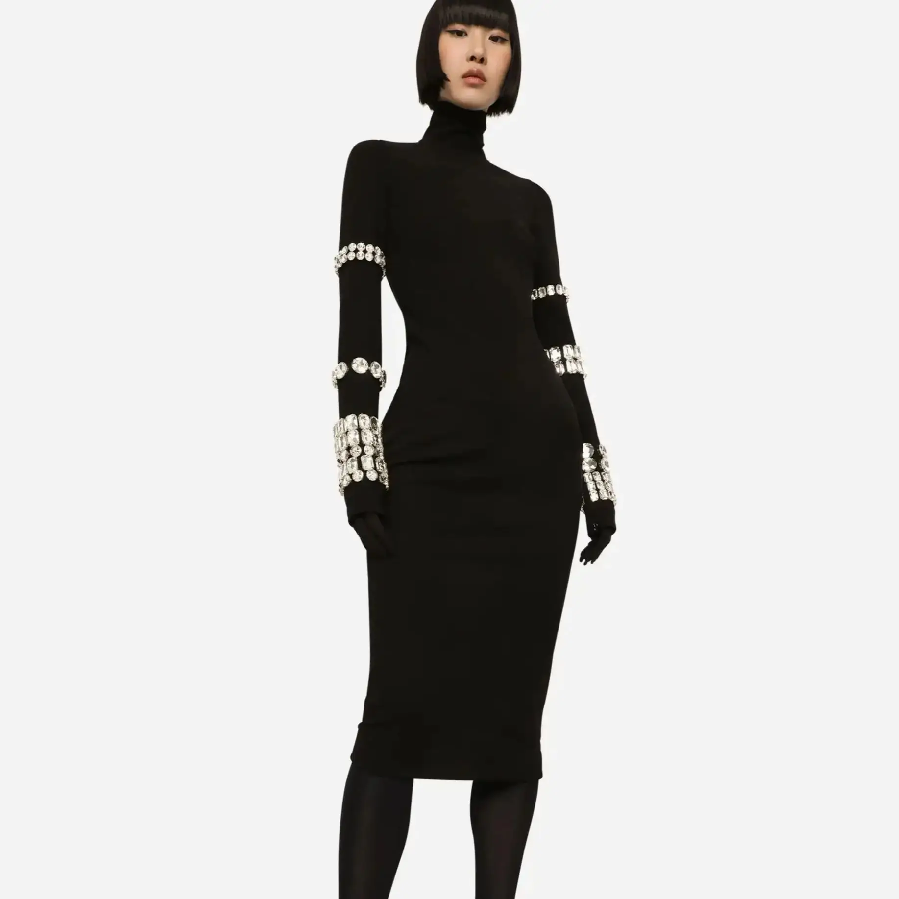 

STOCK New Winter High Quality Sparkling Diamonds High Collar Black Midi Calf Bandage Dress Fashion Woman Evening Party Outfit