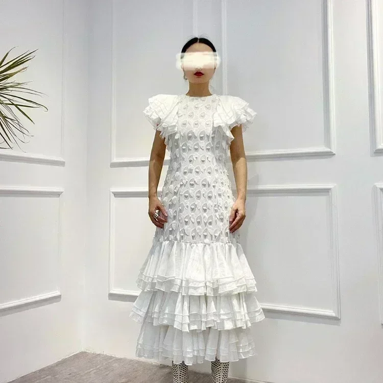 

Новинка 2022, высококачественные однотонные белые платья с аппликацией и уникальным вырезом, каскадными оборками на рукавах, платье до середины икры в стиле мечты о Русалочке для женщин