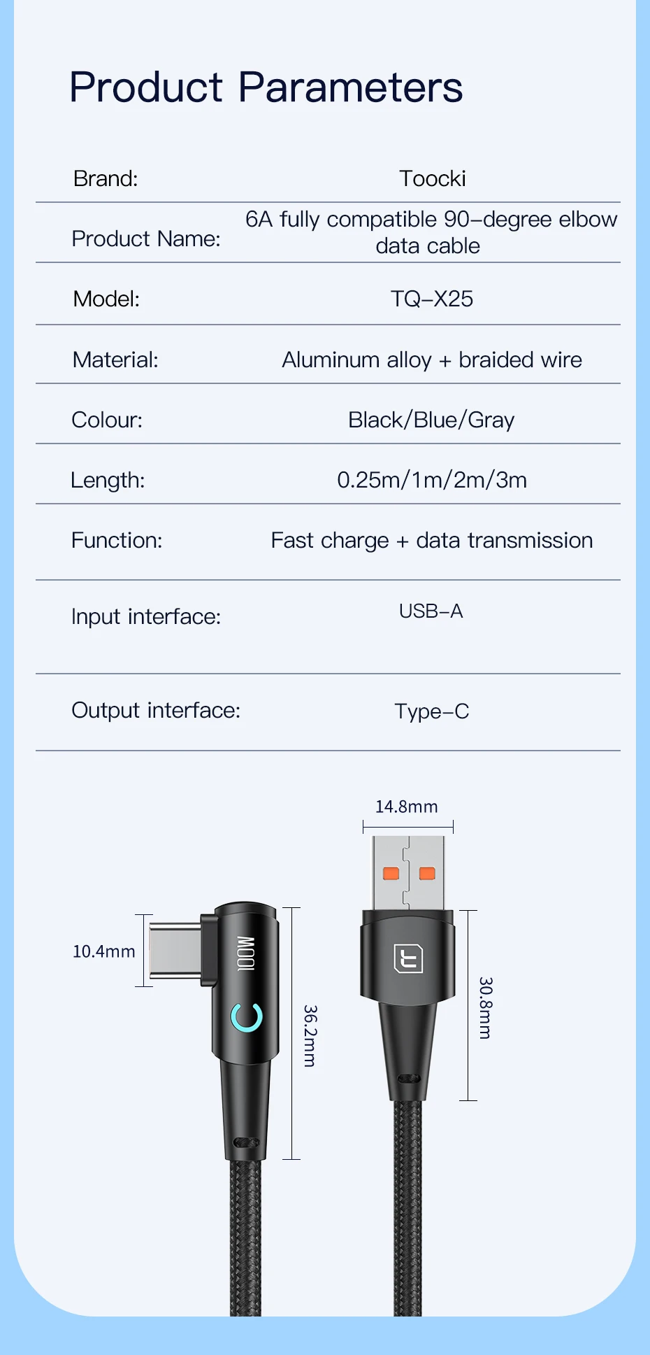 Toocki 6A USB C Cable 90 Degree For OPPO 100W Fast Charging Cord For Honor Huawei Oneplus Realme Charger Data Wire