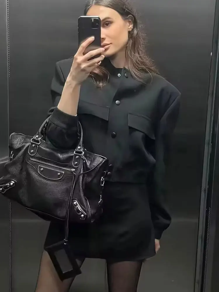 HH 2024 Women Elegant White Coat Long Sleeve Button Bomber Jacket Fashion Woman Casual Solid Office Lady Y2K Outerwear