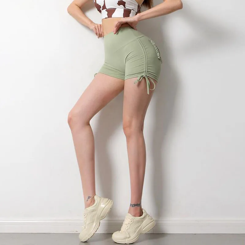 Fitness Sports Shorts Women Summer Seamless Drawstring Pocket Gym Leggings High Waist Push Up Stretch Running Short Pants