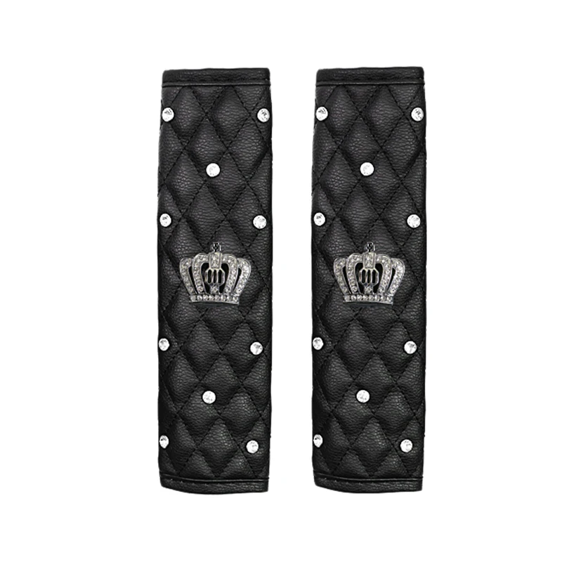 

PU Leather Car Belt Cover Shoulder Belt Pad Rhinestones Crown 2 PCS Adults