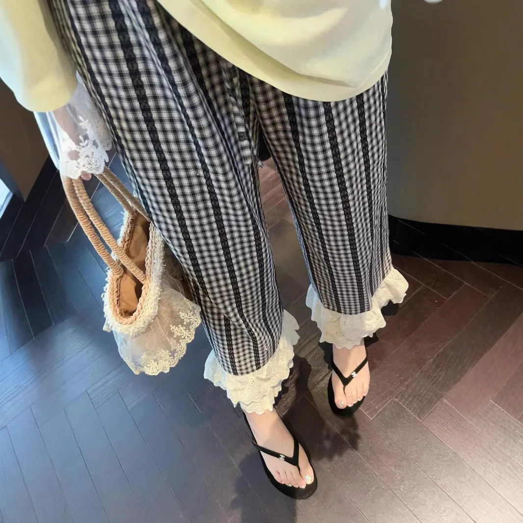 임산부 와이드 레그 팬츠 여름 체크 레이스 트림 스플라이스 드로스트링 허리 스트레이트 컷 통기성 폴리에스터 루즈핏 스트리트 스타일