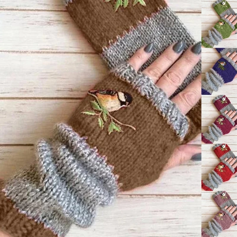 

Women Winter Knitted Fingerless Gloves Bird Embroidered Half Finger Mittens Outdoor Driving Thumb Hole Arm Warmers