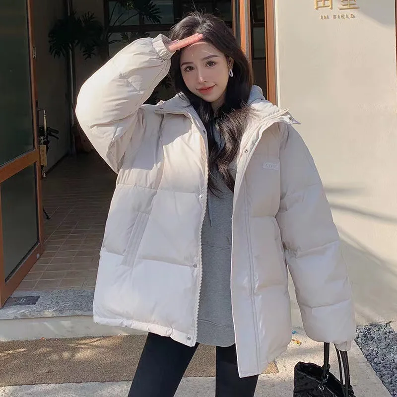 

Women's Winter Fashionable Short Cotton Coat Ladies Thick Warm Jacket Female Zipper Solid Color Clothes Pockets Stand Collar