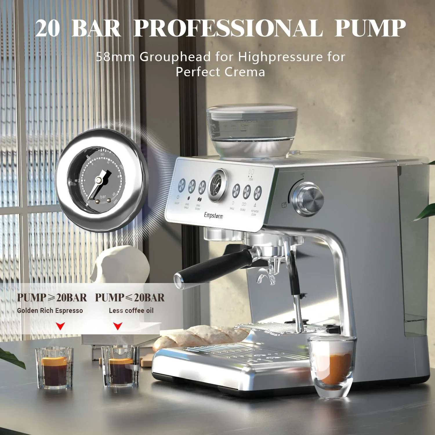 Empstorm portable electric coffee maker 20Bar Power Pressure Pump Manual smart italian espresso machine with grinder 2