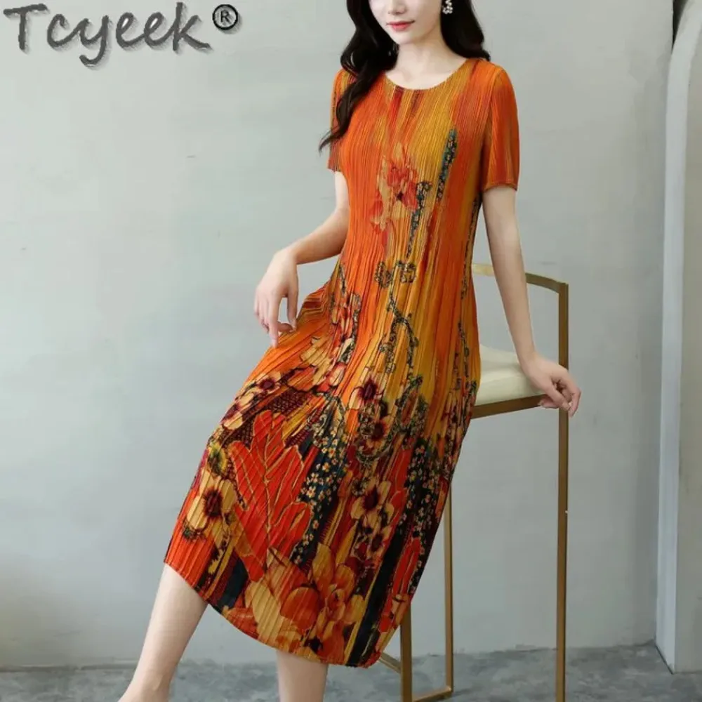 

es Tcyeek for Short Sleeved Heavyweight Mulberry Silk Loose Casual Printed Vintage Dress Women Clothing