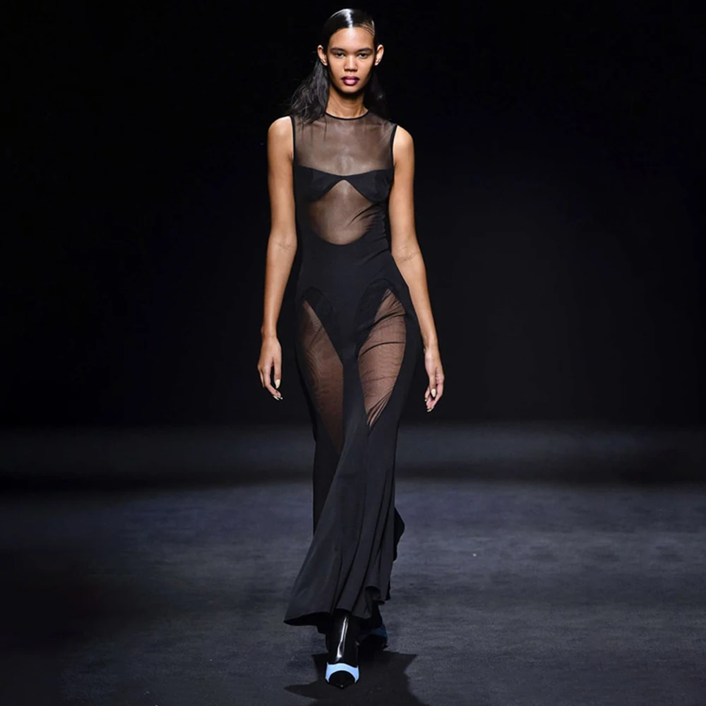 

Women's New Black O-Neck Sleeveless Mesh Patchwork Perspective Mermaid Sexy Bodycon Celebrity Club Party Bandage Long Maxi Dress