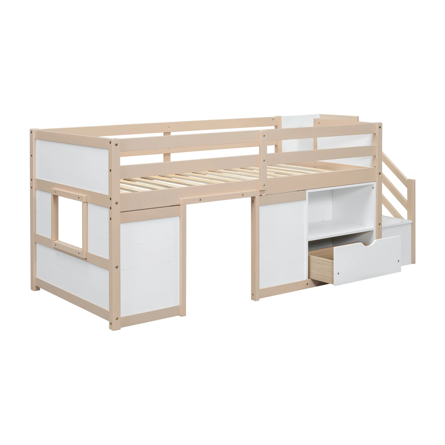 SOLID WOOD TWIN SIZE LOW LOFT BED WITH STAIR, DRAWER, AND SHELF FOR CREAM + WHITE COLOR 5