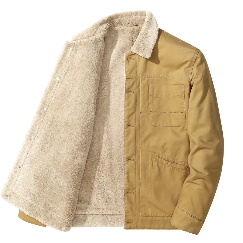 

Sayaxiga Winter Men Coat Thermal Fleece Cotton Jacket Overcoat Turn Down Collar Middle Age Mens Warm Tops Casual Blouse Big Size