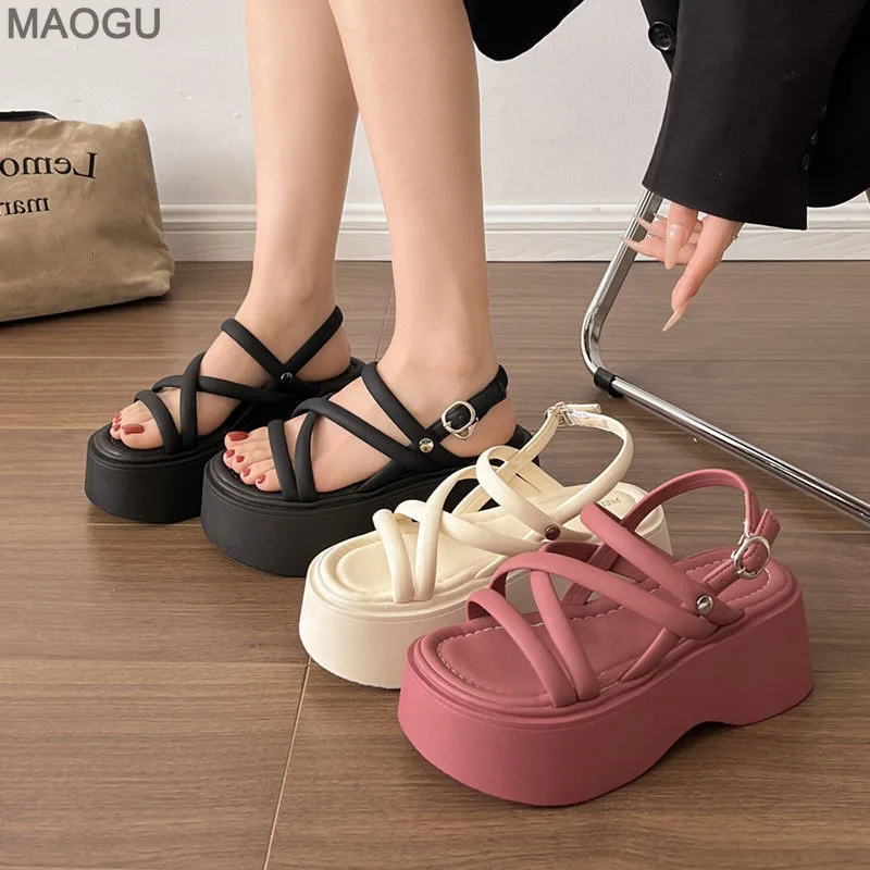 Black Wedge Sandals Women Platform Shoes Black Belt High Heels Gladiator Chunky Heeled Summer Wedges Zapatos De Mujer