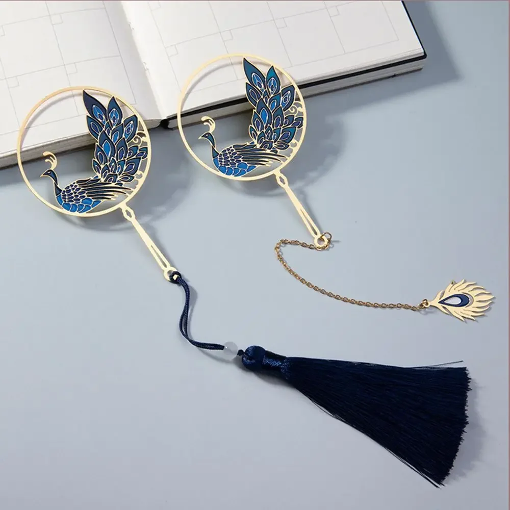 Hollow Peacock Book Clip Brass Tassel Chinese Design Vintage Book Pagination Mark Student Stationery Supply Metal Bookmark